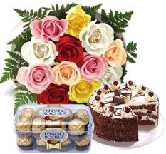 Mix flowers bunch + 1 kg cake+ 24 pcs ferrero rocher.