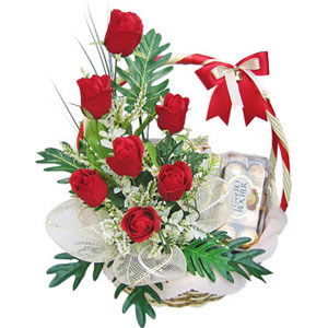6 red roses+ 16 ferrero rocher basket
