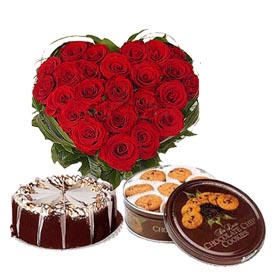 30 red roses heart+ 1 kg cake+cookies 