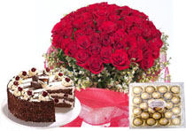 100 red roses  + 24 ferrero rocher+ 1 kg cake
