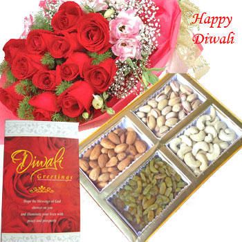 mixed dry fruits box and bunch of 10 mixed color roses alongwith roli and tikka.